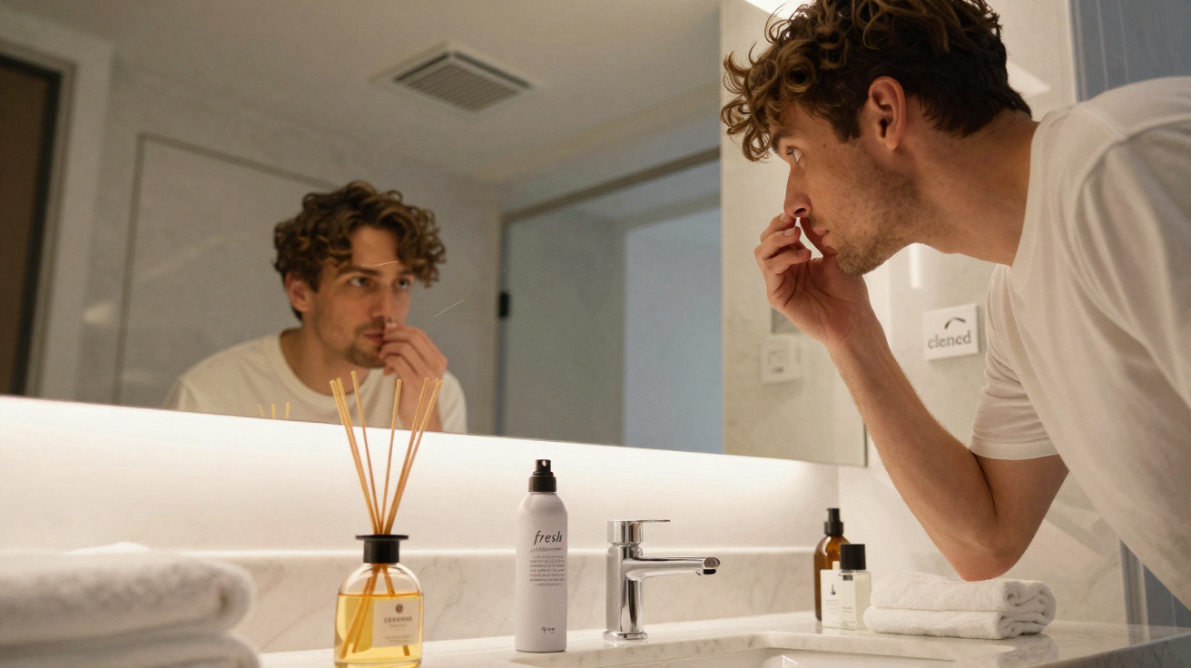 Young man removing a blackhead in front of a bathroom mirror with skincare products on the sink.