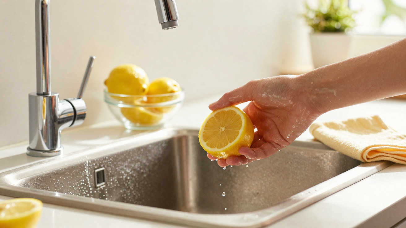 Hand holding a halved lemon dripping water over a stainless steel kitchen sink with a bowl of lemons nearby.