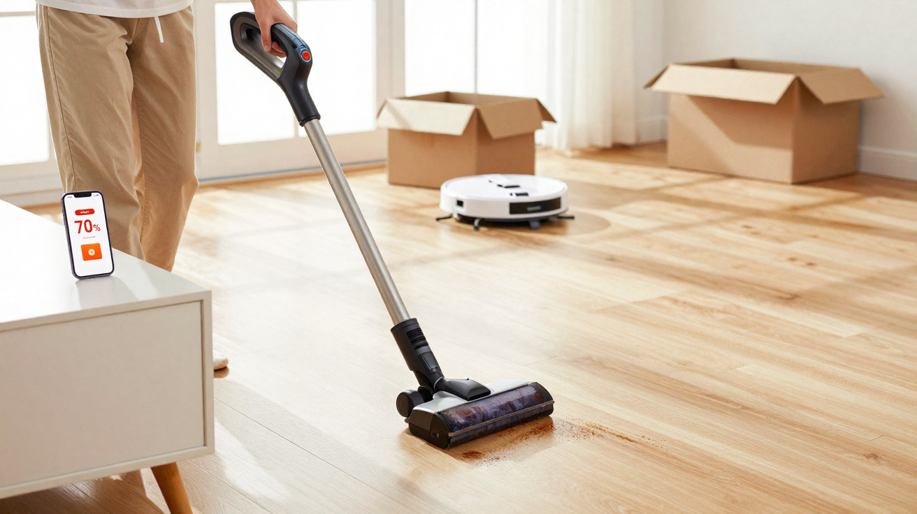 Person vacuuming wooden floor with cordless vacuum cleaner near a smartphone and robot vacuum in a bright room.