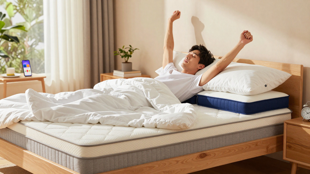 Young man stretching in bed in a bright, neatly arranged bedroom with white bedding and wooden furniture.