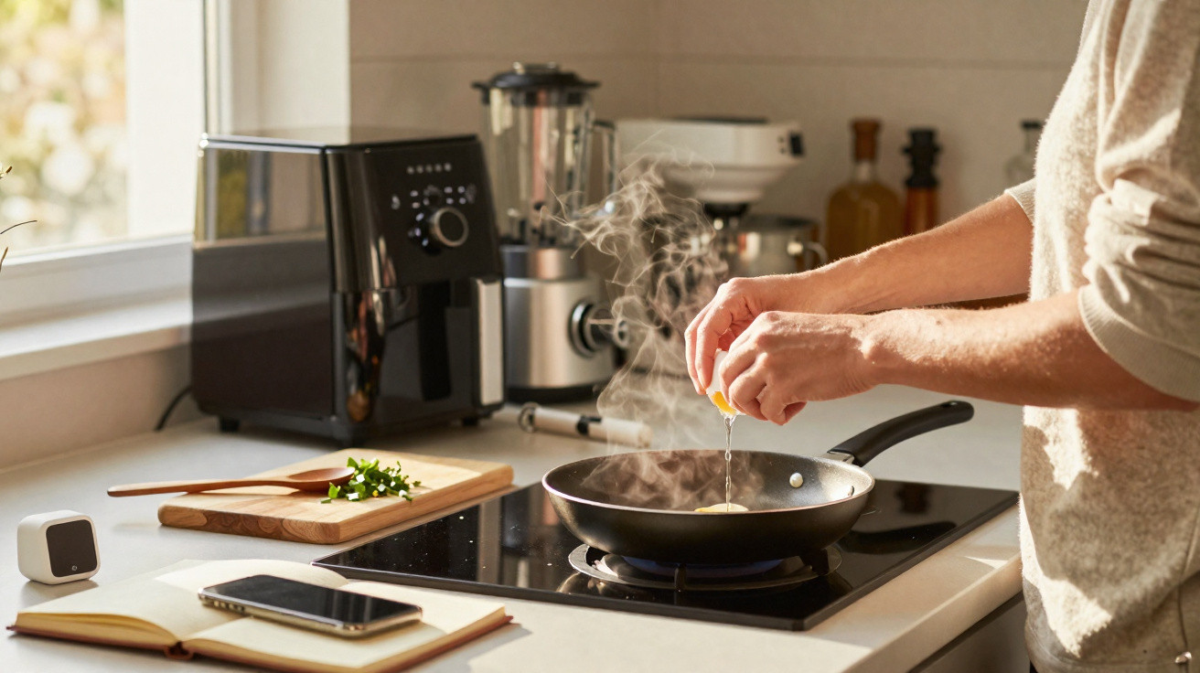 Person cracking an egg into a hot frying pan on a modern kitchen stove with steam rising.
