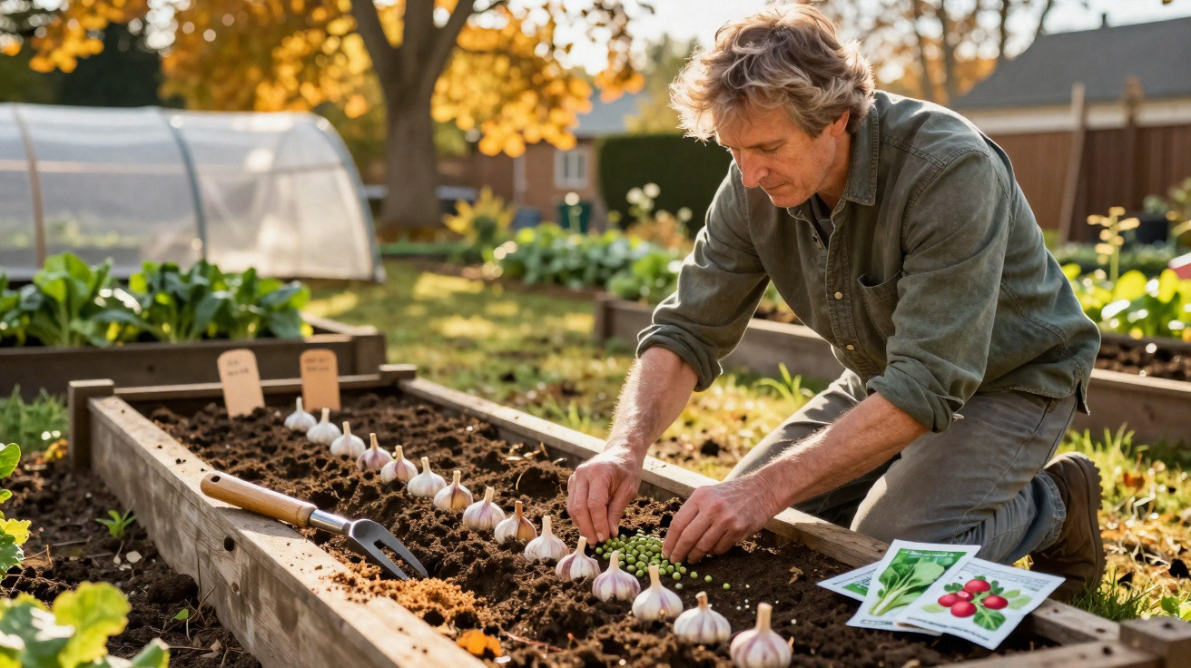 Man planting seeds in a raised garden bed with garlic bulbs and seed packets nearby on a sunny autumn day.