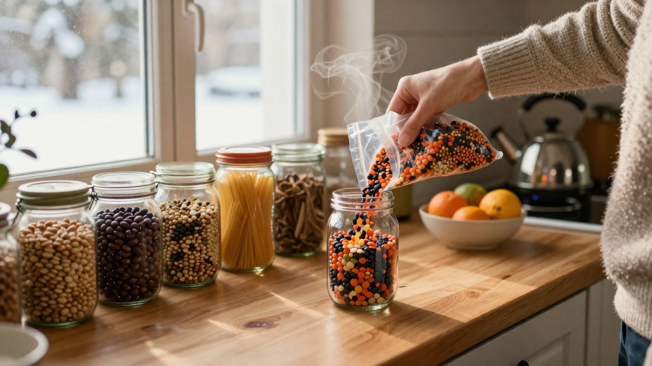 Hand pouring a colourful mix of dried lentils and beans into a glass jar on a kitchen counter with other jars nearby.