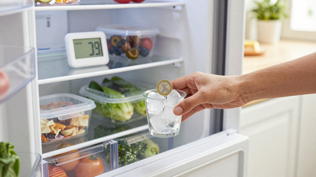 Hand placing a coin into a glass with ice cubes inside an open fridge displaying fresh vegetables and a digital thermometer.