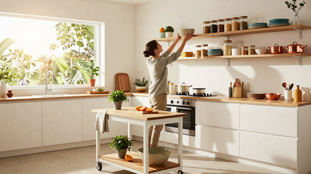 Person reaching for a bowl on a shelf in a bright, modern kitchen with plants and wooden countertops.