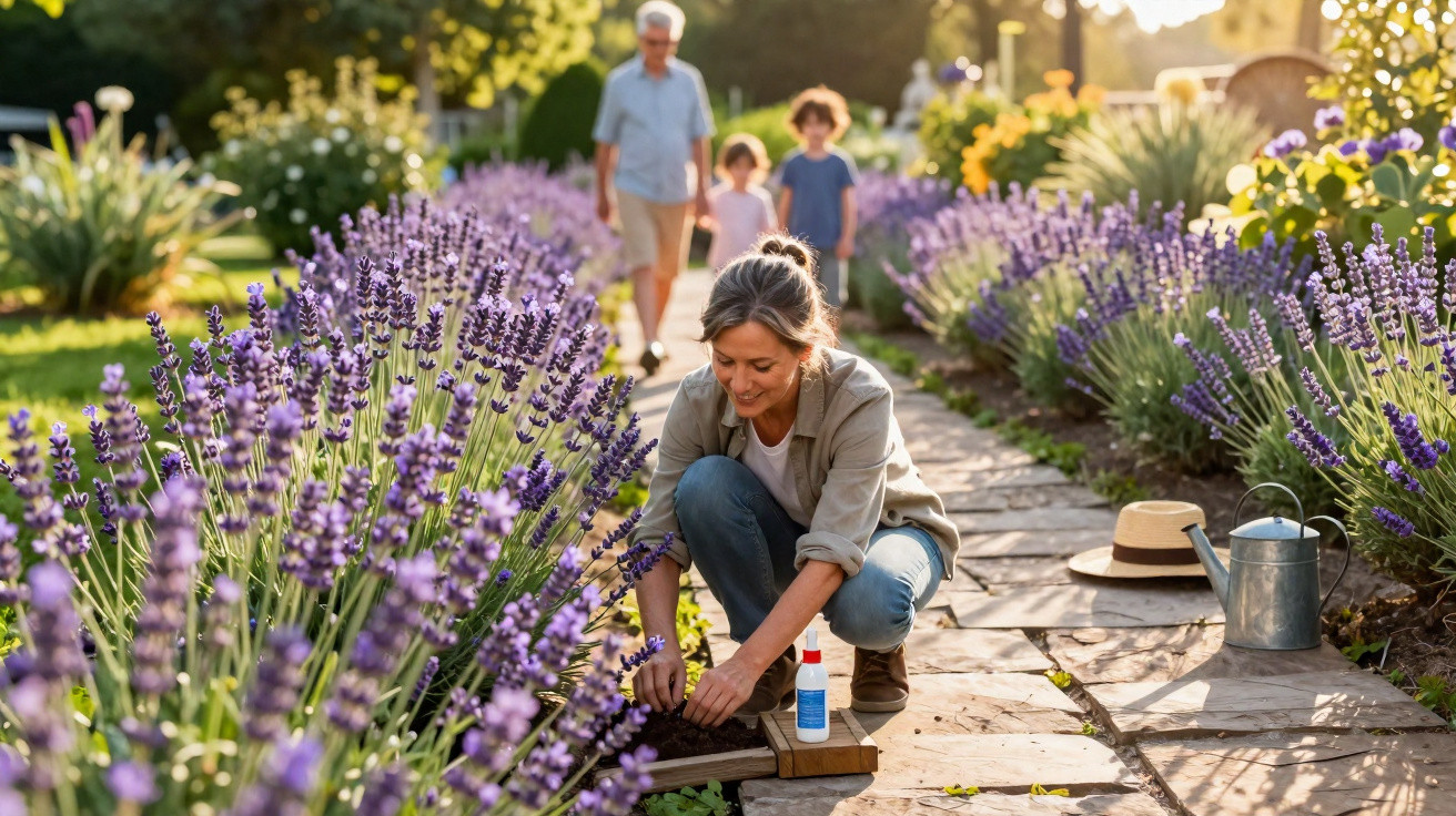 Woman planting flowers in a garden path lined with blooming lavender with family walking in the background.