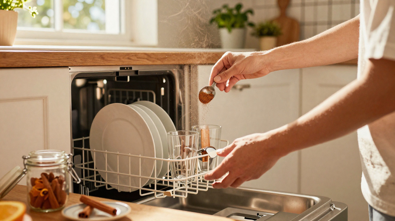 Person sprinkling cinnamon into glasses on an open dishwasher rack in a sunlit kitchen.