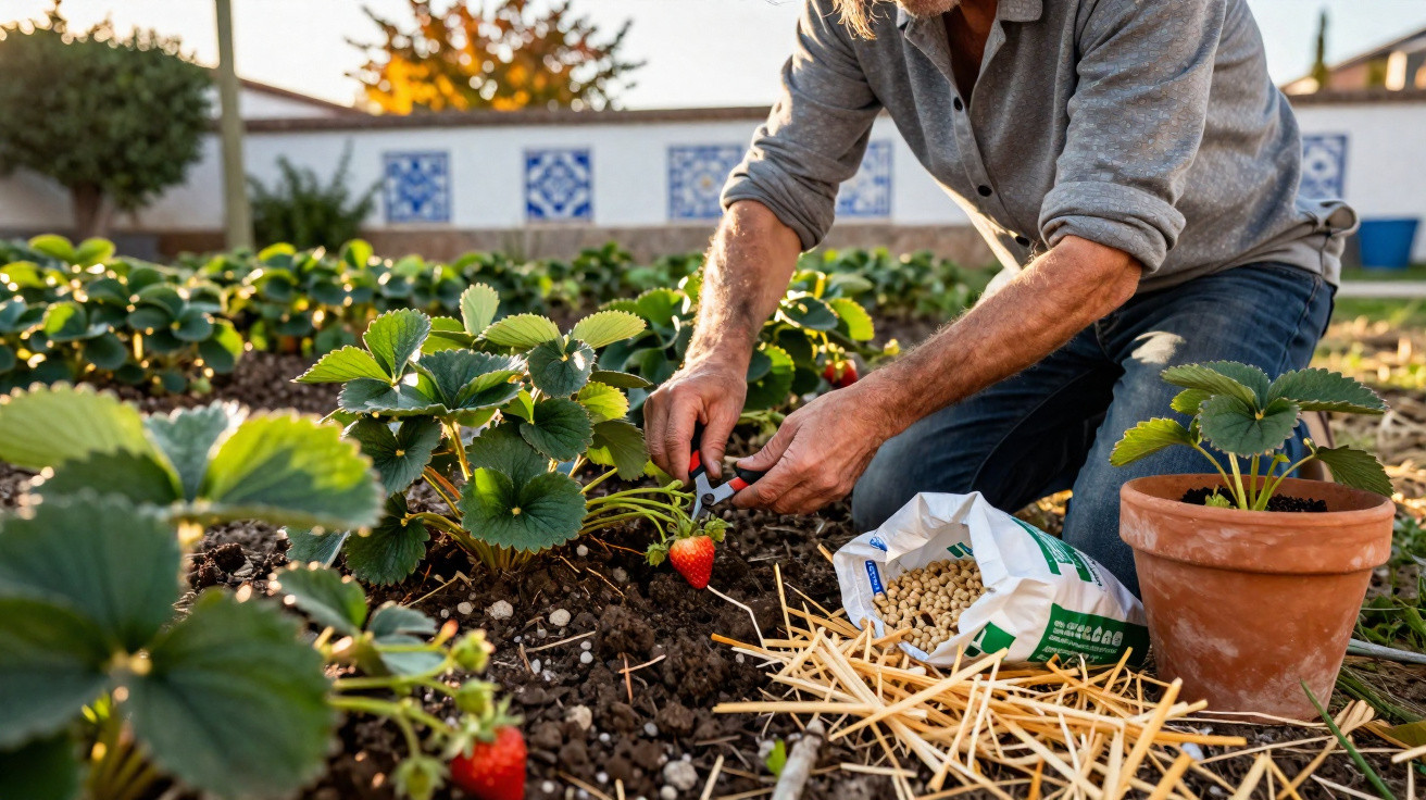 Person tending to a strawberry plant in a garden bed with fertiliser and straw nearby during daylight.