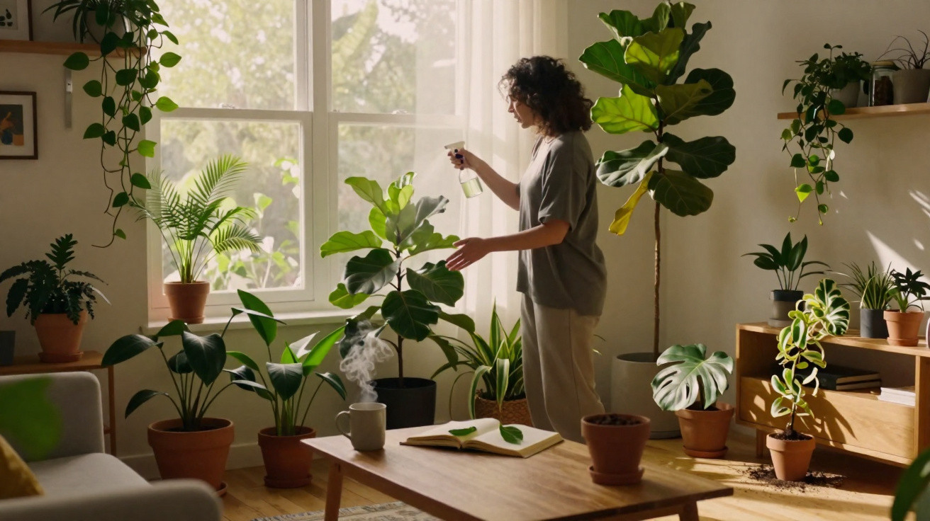 Person watering indoor plants in a bright room with large window and wooden furniture.