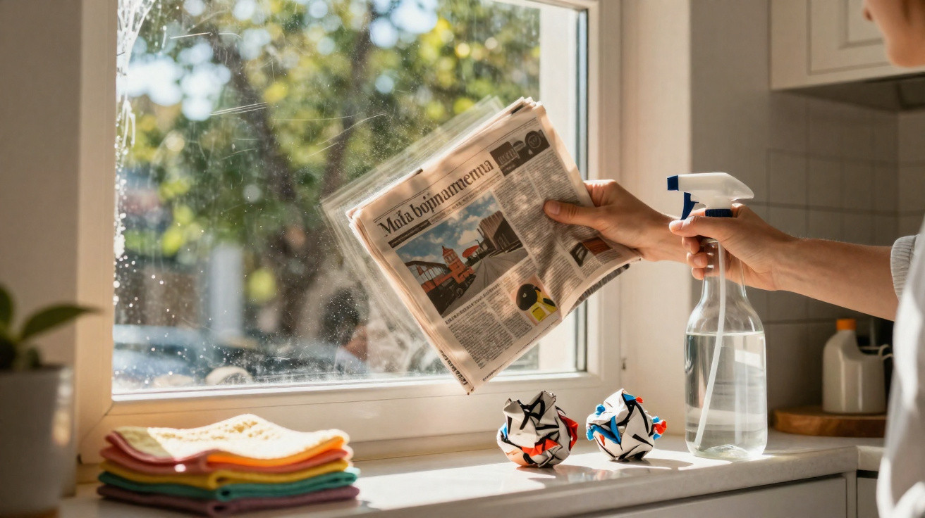 Person cleaning a window with a newspaper and spray bottle beside folded cloths and paper balls on the sill