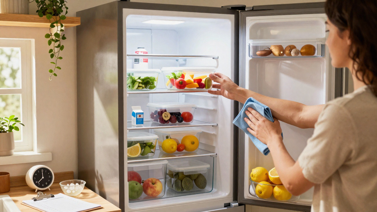 Woman cleaning and organising a fridge filled with fresh fruits and vegetables in a bright kitchen.