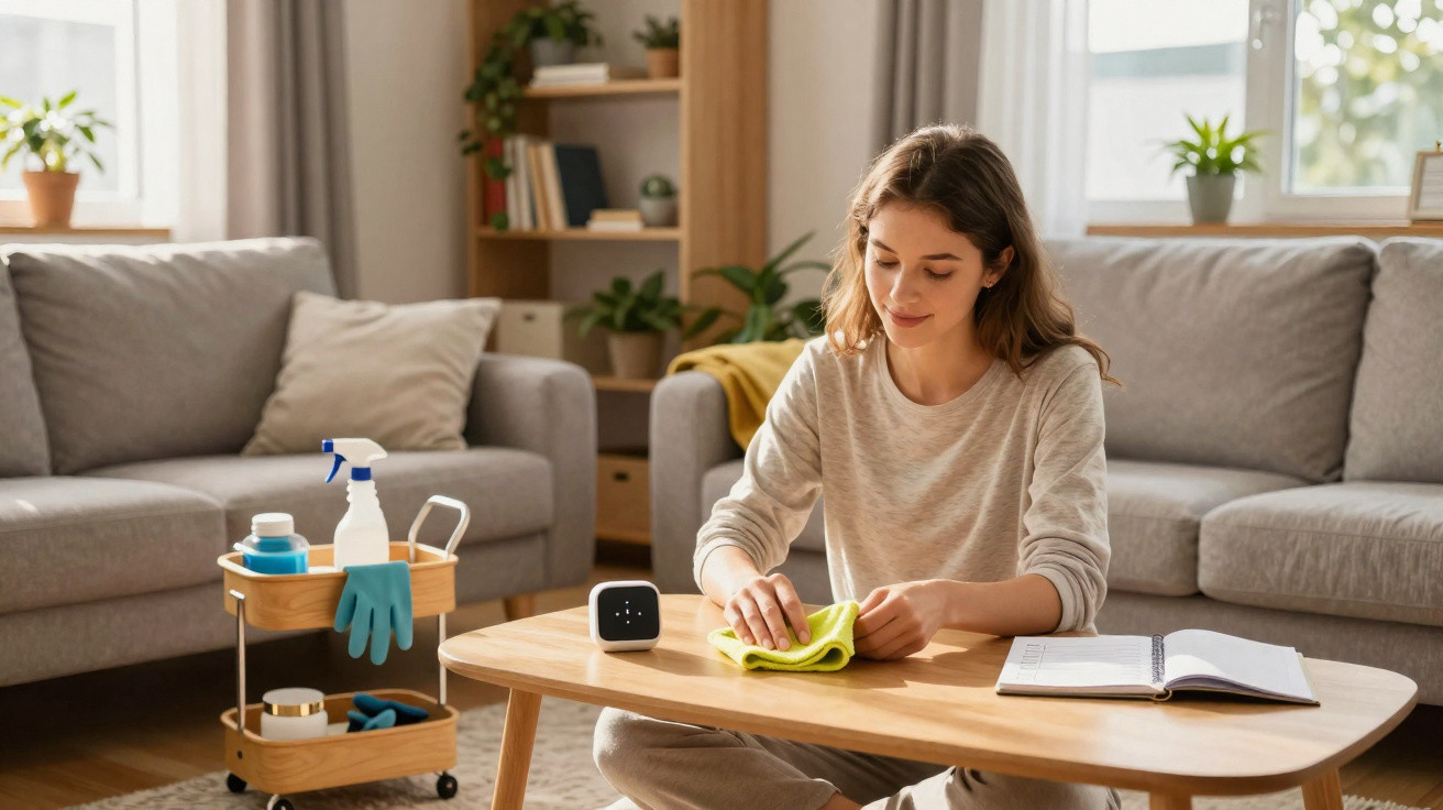 Young woman cleaning wooden coffee table in bright living room with cleaning supplies nearby and notebook open.