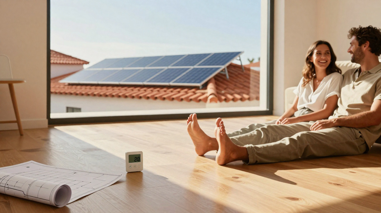 Couple sitting on wooden floor inside their home, with solar panels visible on the roof outside the window.