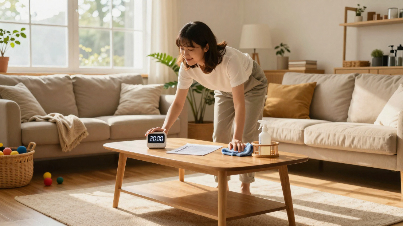 Woman cleaning wooden coffee table in bright living room with beige sofas and cushions.