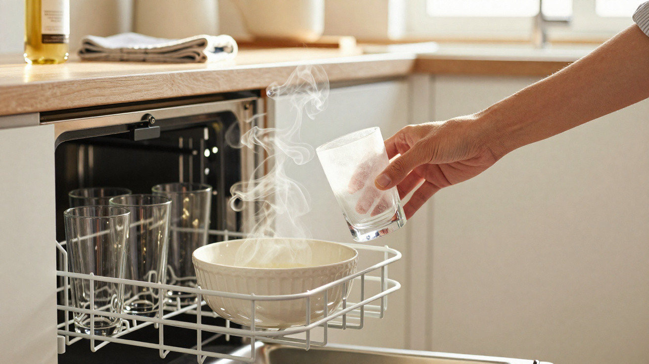 Hand removing a steaming bowl from an open dishwasher filled with glasses in a modern kitchen.