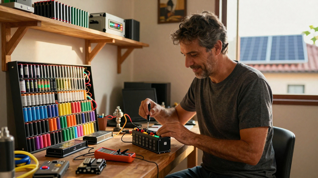 Man repairing electronic device with screwdriver at wooden workbench with batteries and tools in workshop.