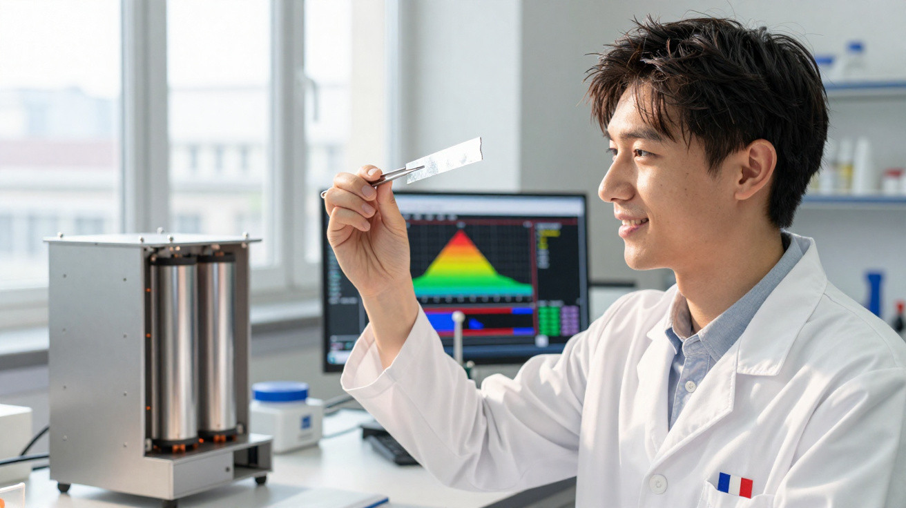 Scientist in a lab coat examining a glass slide with lab equipment and a computer displaying a colourful graph.