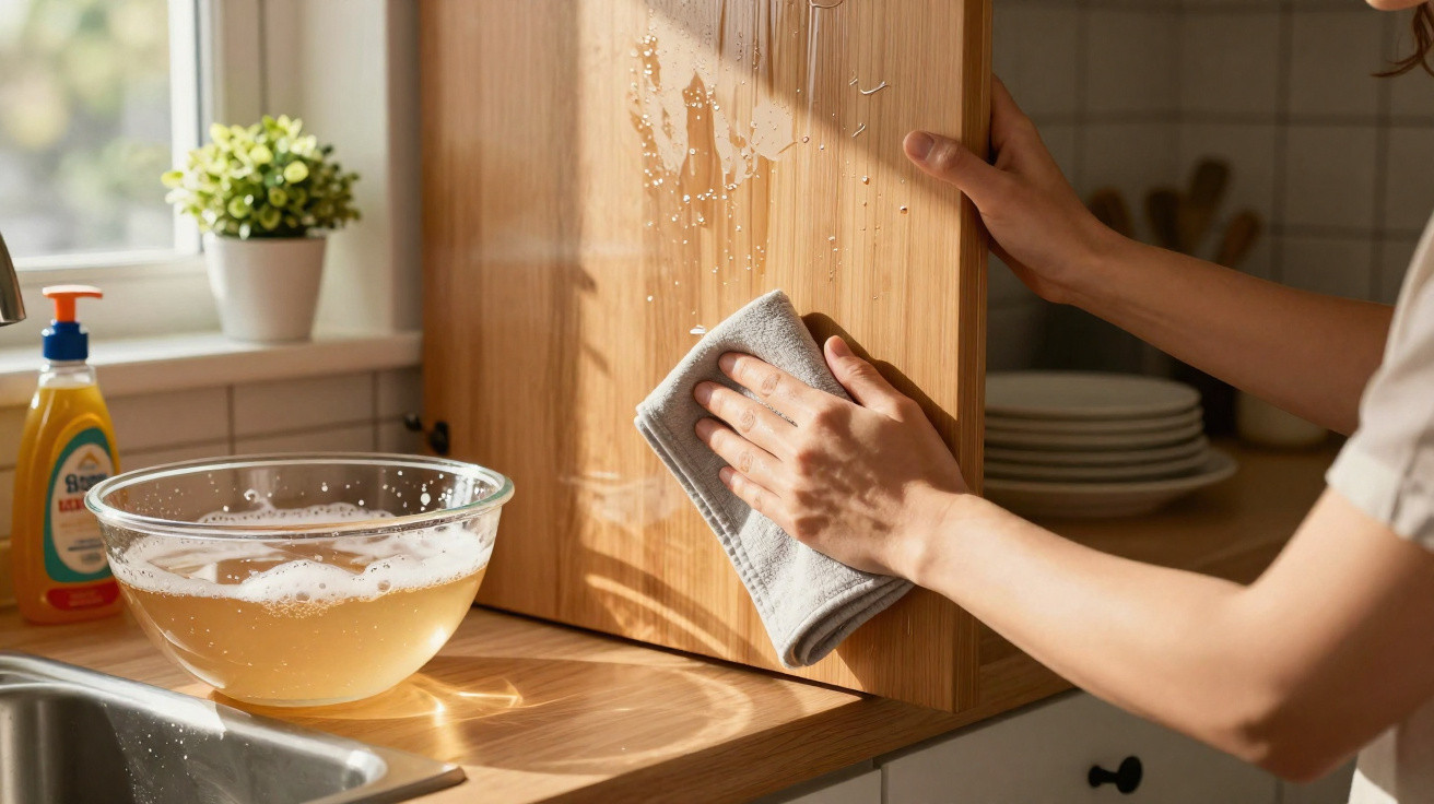 Person drying a wooden chopping board with a cloth in a bright kitchen near a window and soap bowl.