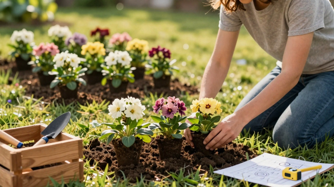 Person planting colourful flowers in garden soil next to gardening tools and a clipboard on grass.