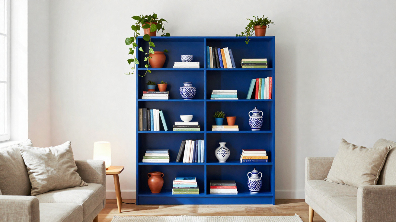 Blue bookshelf filled with books, ceramic vases, and potted plants between two beige sofas in a bright room.