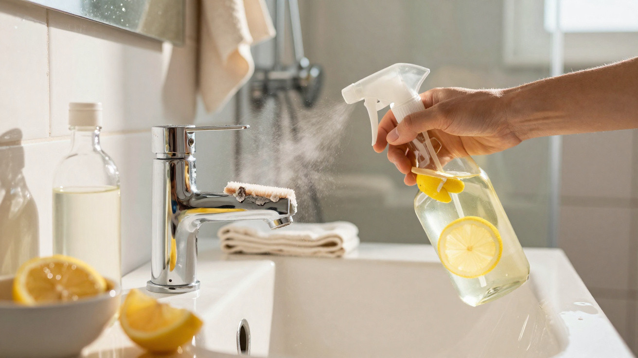 Hand spraying lemon-scented cleaner on a shiny chrome bathroom tap above a white sink.