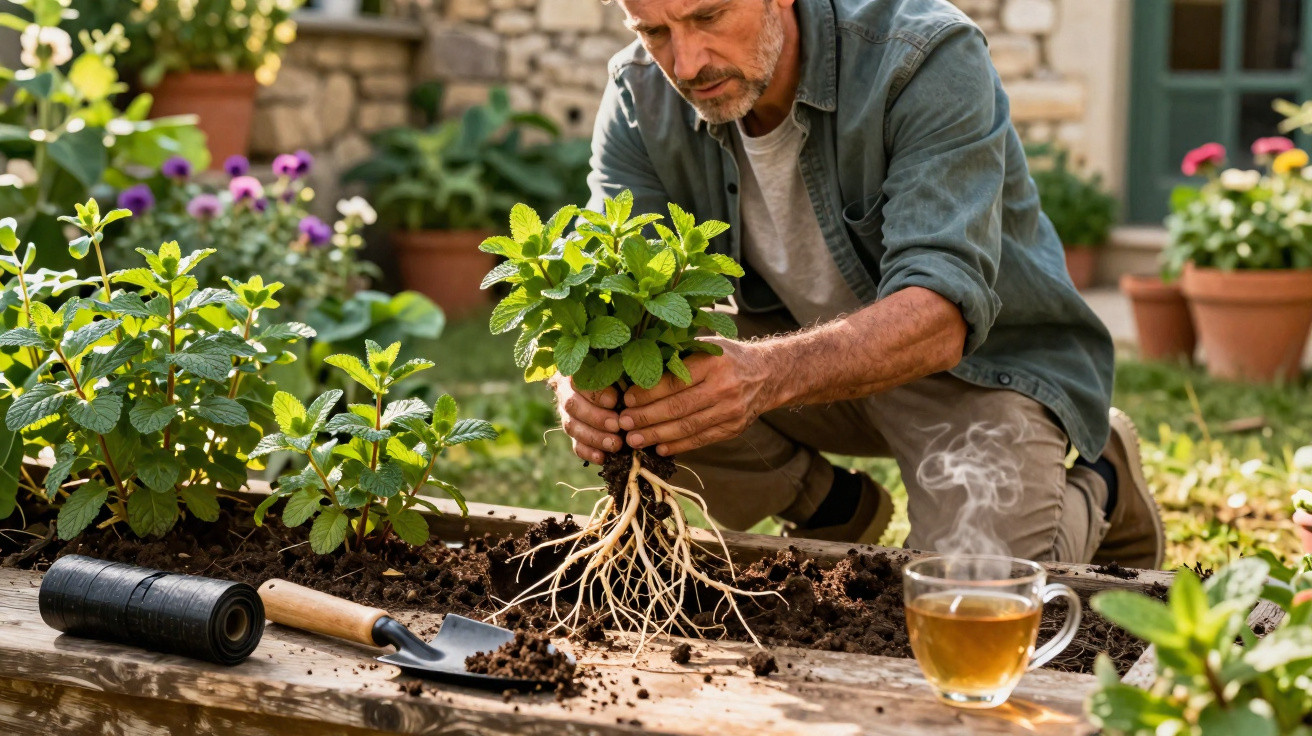 Man in garden holding a green plant with exposed roots, gardening tools and steaming cup of tea on wooden table nearby
