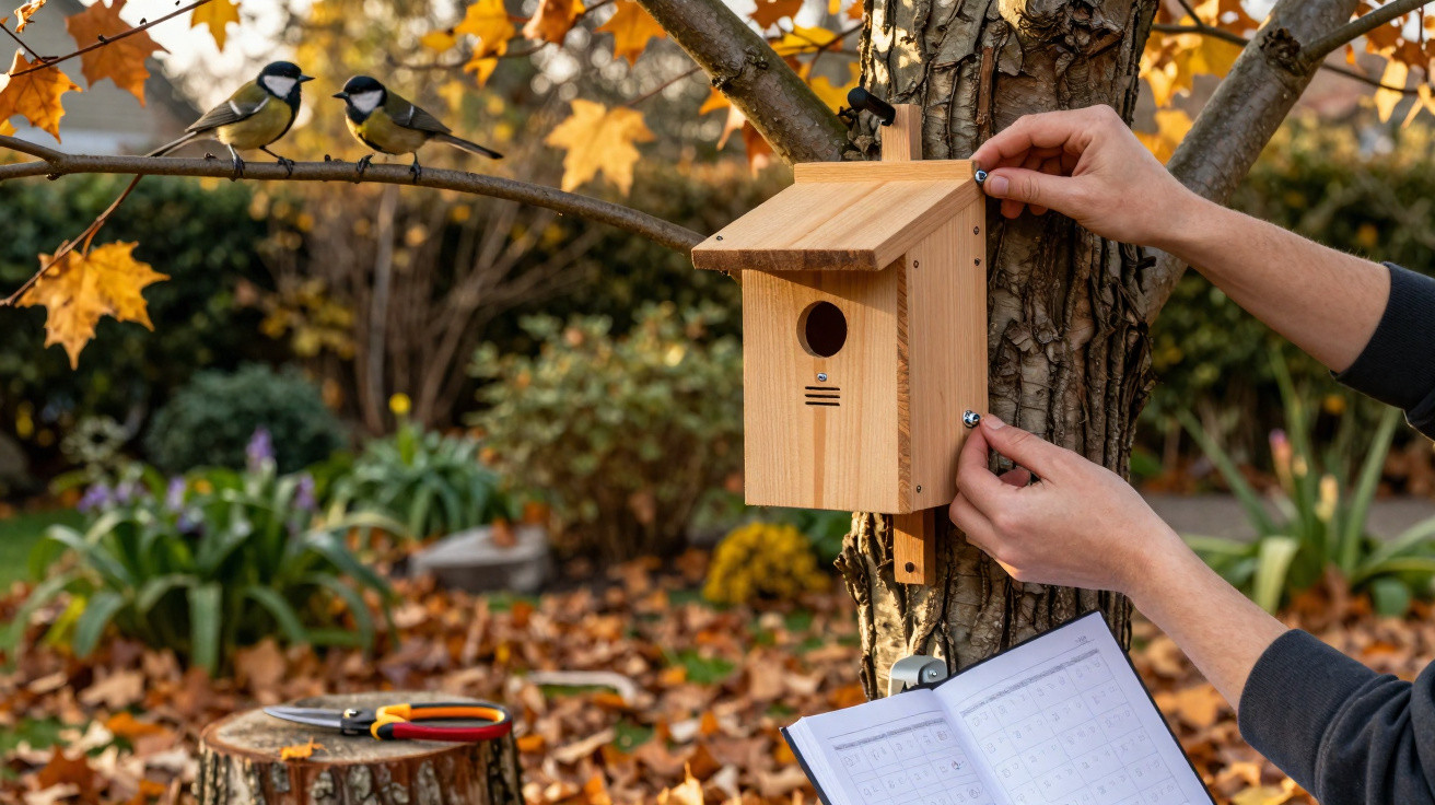 Hands fixing a wooden birdhouse to a tree in autumn with two birds perched on a branch nearby