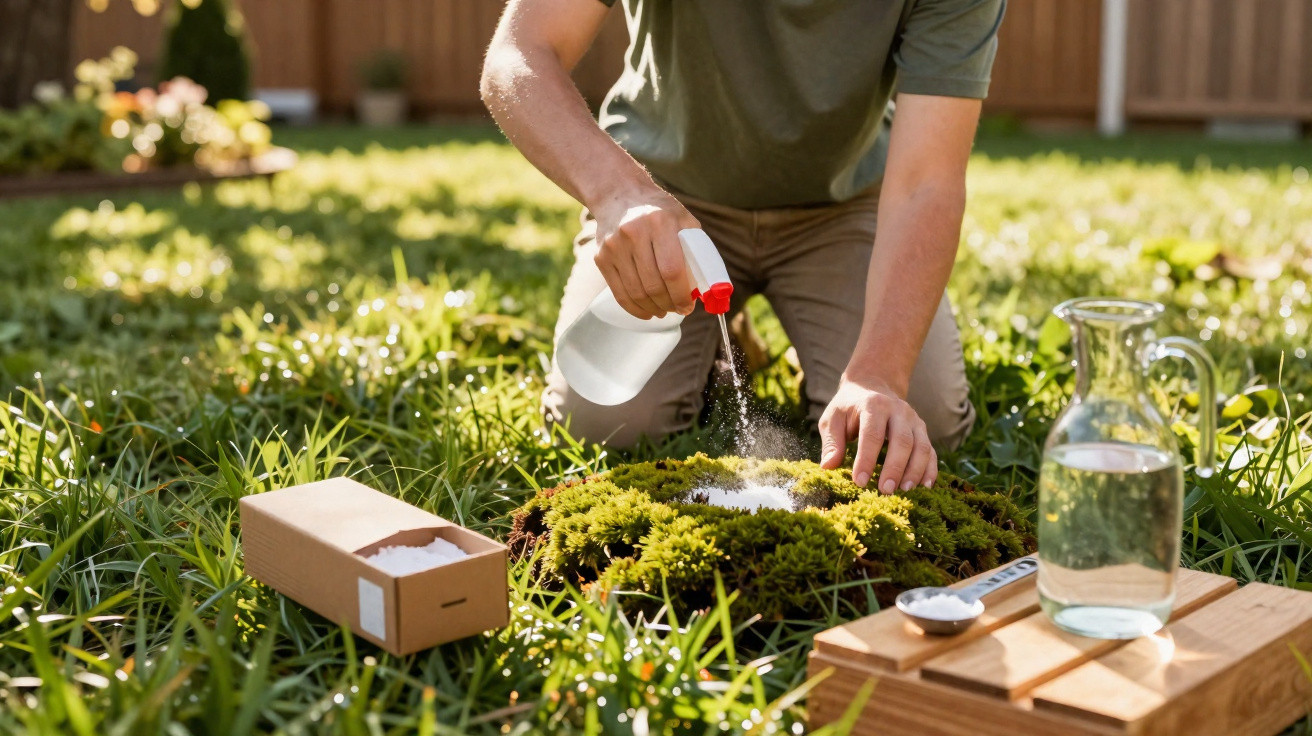 Person kneeling on grass spraying liquid from a spray bottle onto a moss patch in a garden.