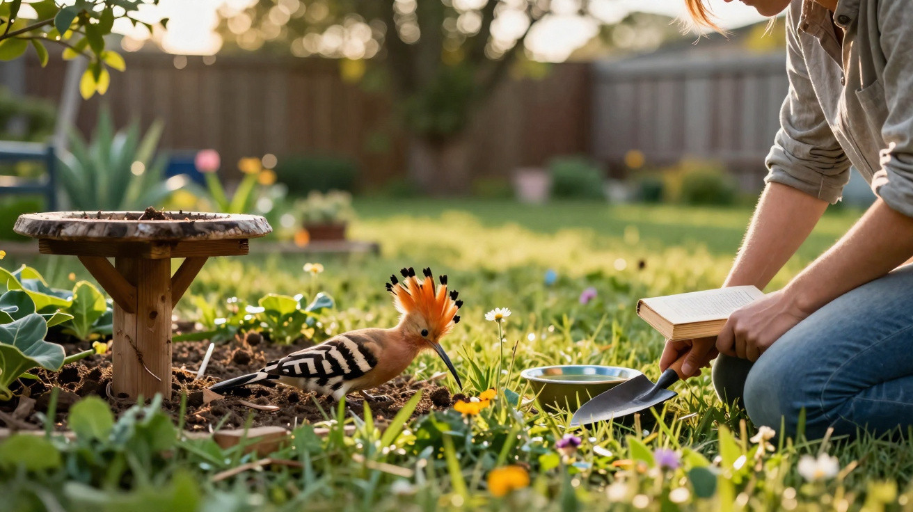 Person crouching with a book and trowel near a hoopoe bird feeding in a sunny garden patch with flowers.