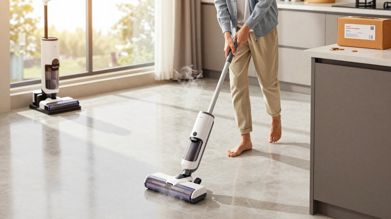 Person using a white steam mop to clean a shiny kitchen floor next to a grey counter and a large window.