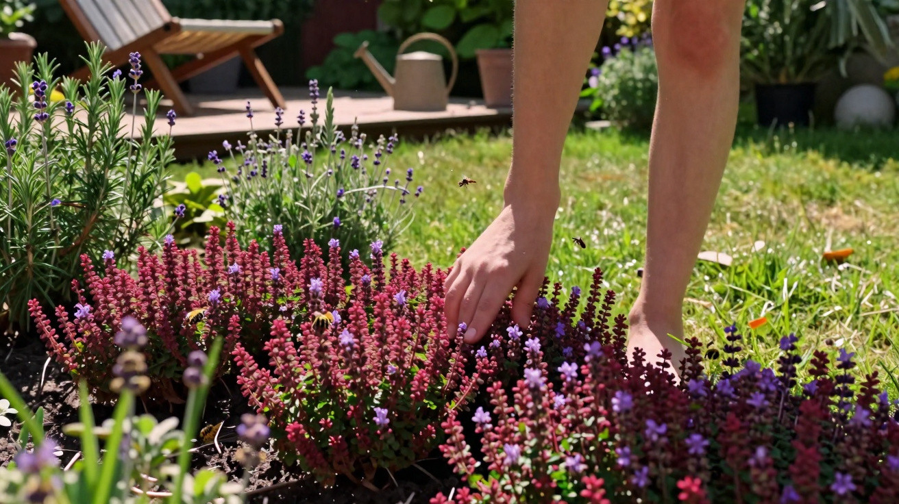 Person tending to colourful flowering plants in a sunny garden with lawn and wooden chairs in background.