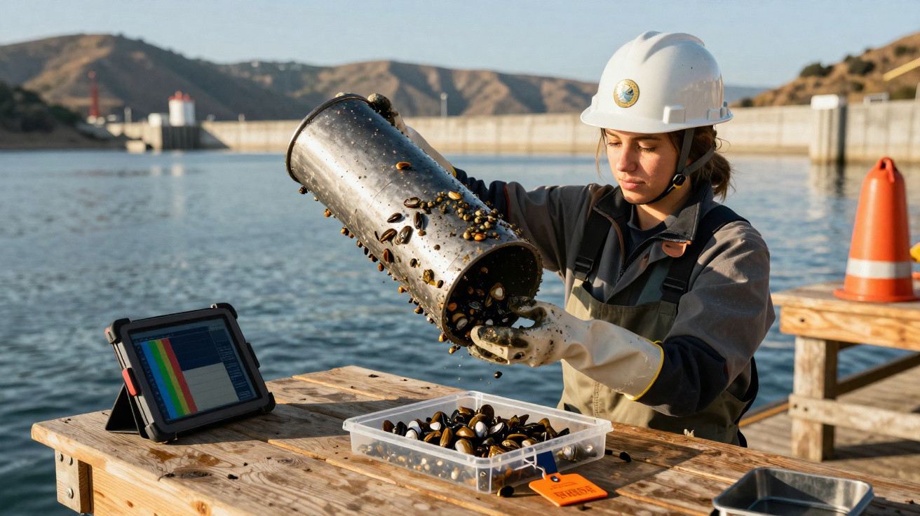 Scientist wearing protective gear examining freshwater mussels by a lake with a tablet and orange traffic cone nearby.