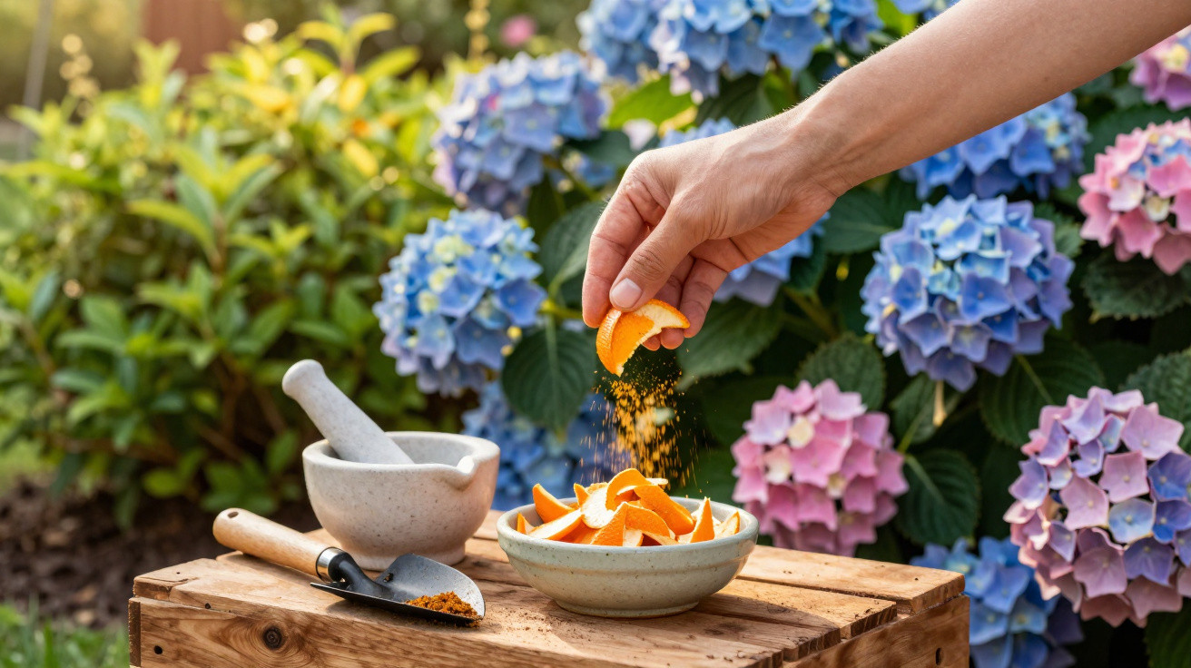 Hand sprinkling orange spice over orange slices in a bowl on wooden crate with hydrangea flowers in background.