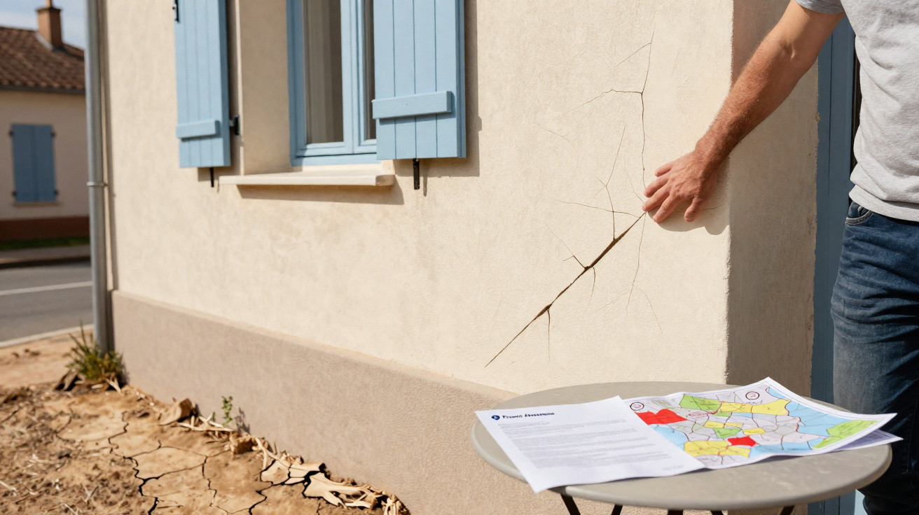 Person examining large crack on exterior corner of house wall near table with documents and map on it