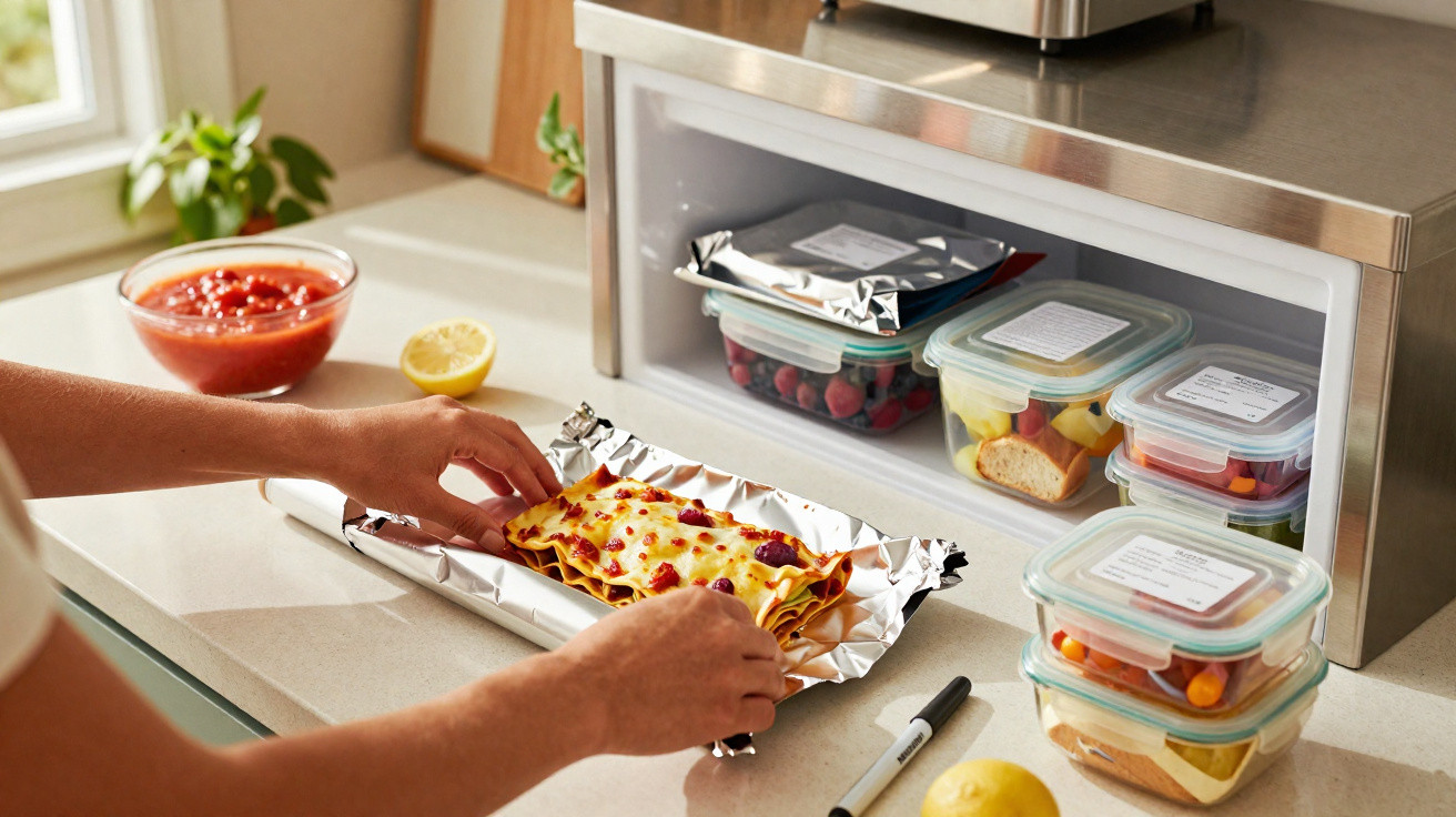 Hands wrapping leftover food in foil next to a countertop fridge with labelled containers of meals and snacks.