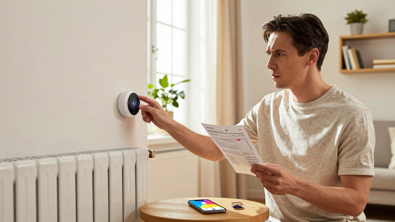Man adjusting a smart thermostat on a wall while holding an instruction manual in a living room.