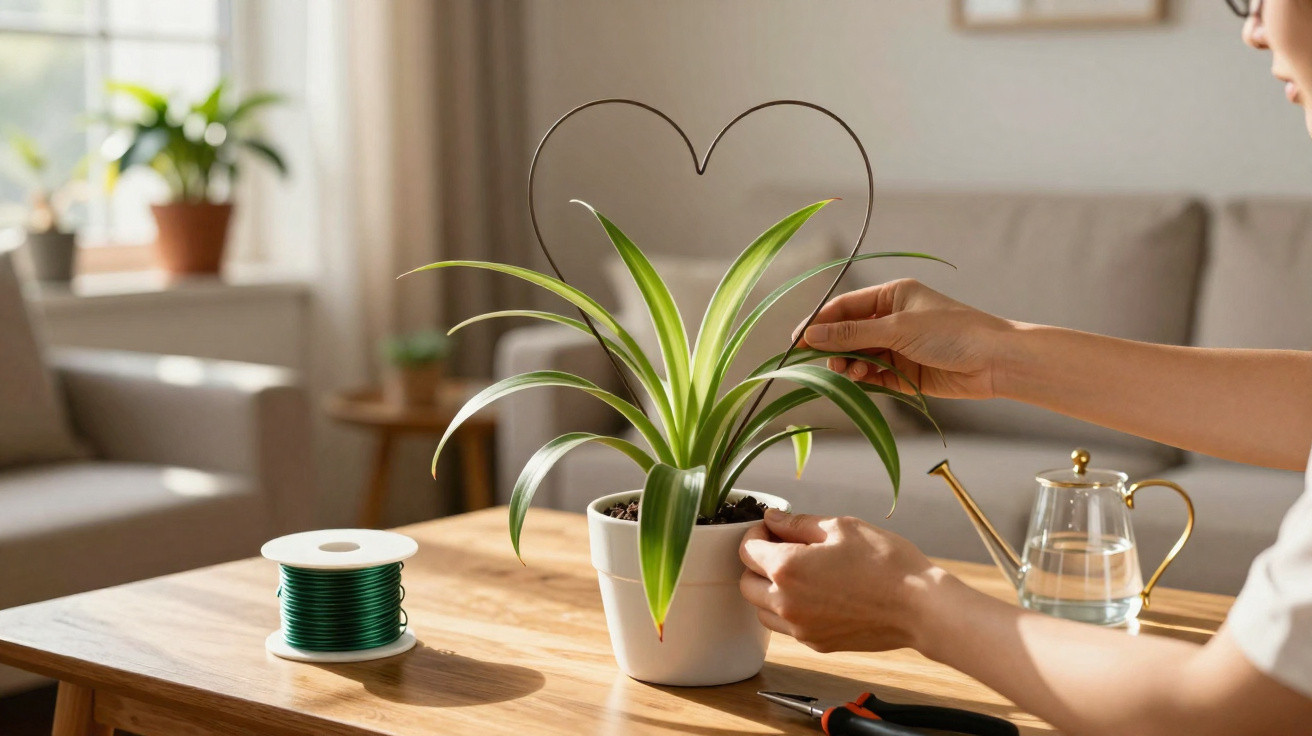 Person shaping a heart from wire around a potted green plant on a wooden table indoors.