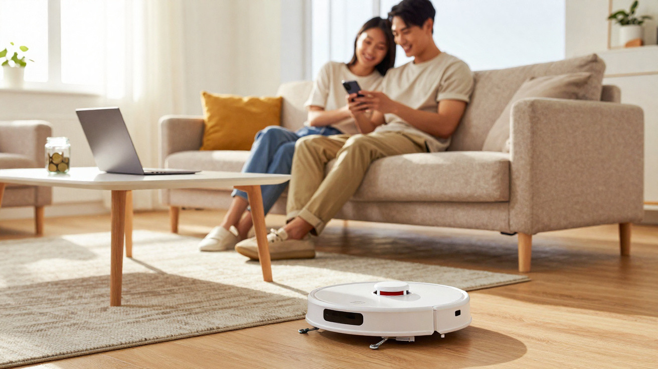 Couple sitting on a sofa looking at a phone while a robot vacuum cleaner cleans the wooden floor.