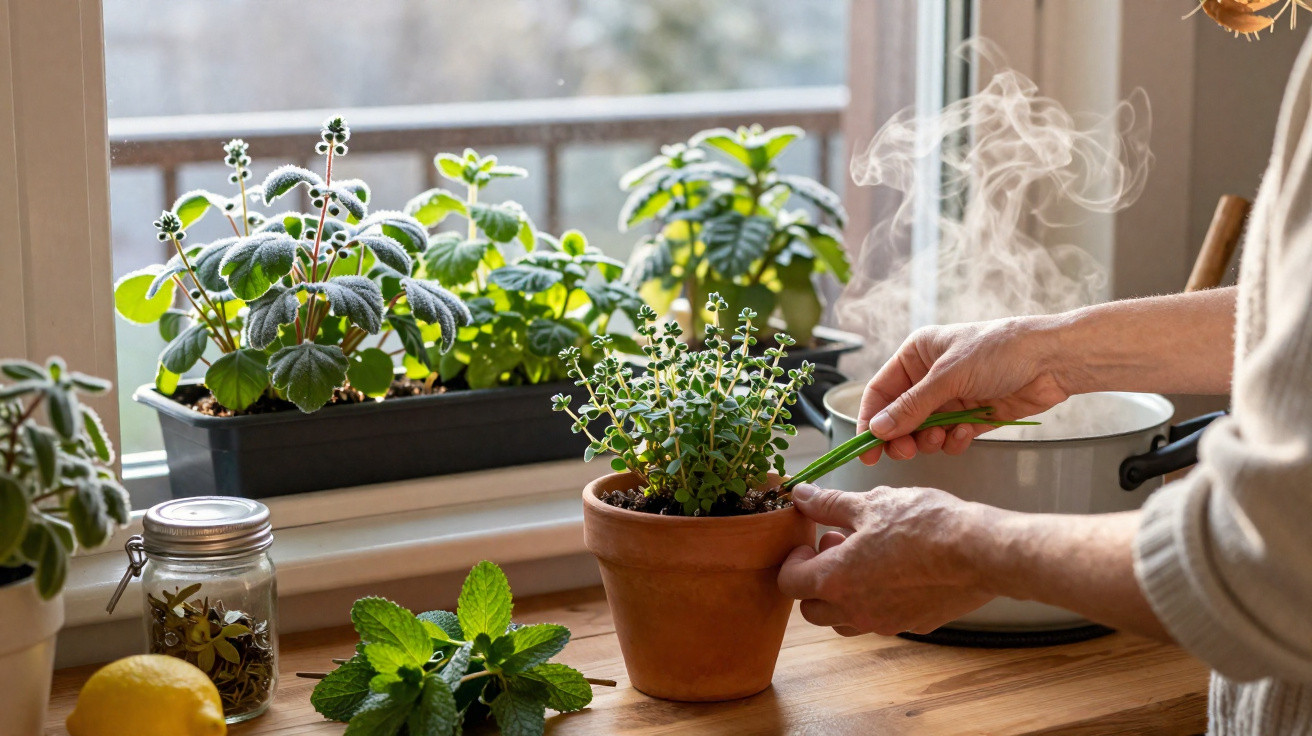 Hands tending to a potted herb plant on a wooden kitchen windowsill with other herbs and steam in background.