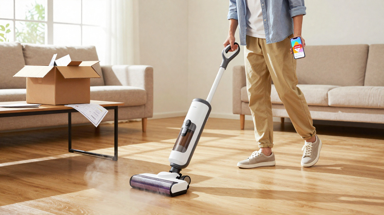 Person using a cordless vacuum cleaner on wooden floor in a bright living room with sofas and a coffee table.