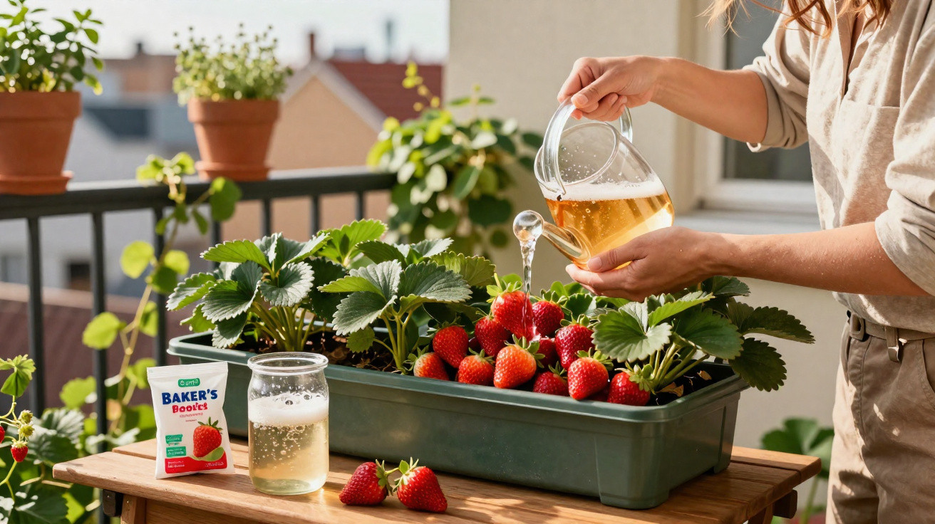 Person watering a strawberry plant with ripe strawberries in a green planter on a balcony table.