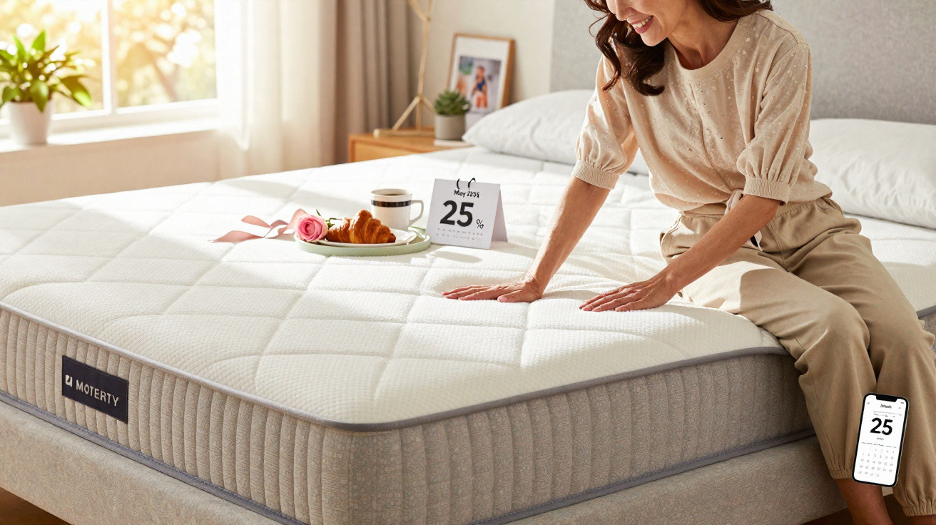 Woman sitting on a Moterty mattress with breakfast tray and 25% discount calendar in a bright bedroom.