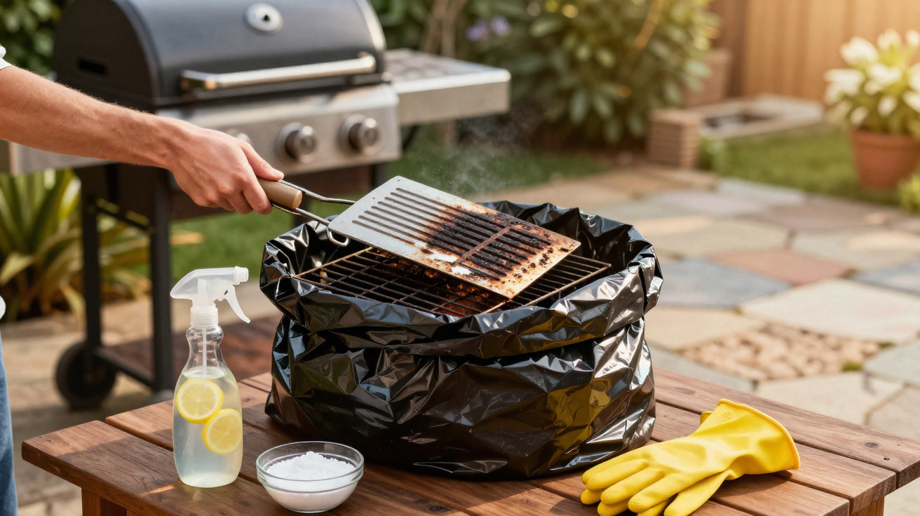 Person cleaning a barbecue grill grate over a black bag on a wooden table outdoors with cleaning supplies nearby