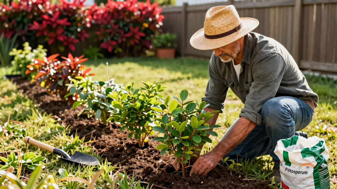 Man wearing a straw hat planting shrubs in a garden bed with gardening tools nearby on a sunny day.