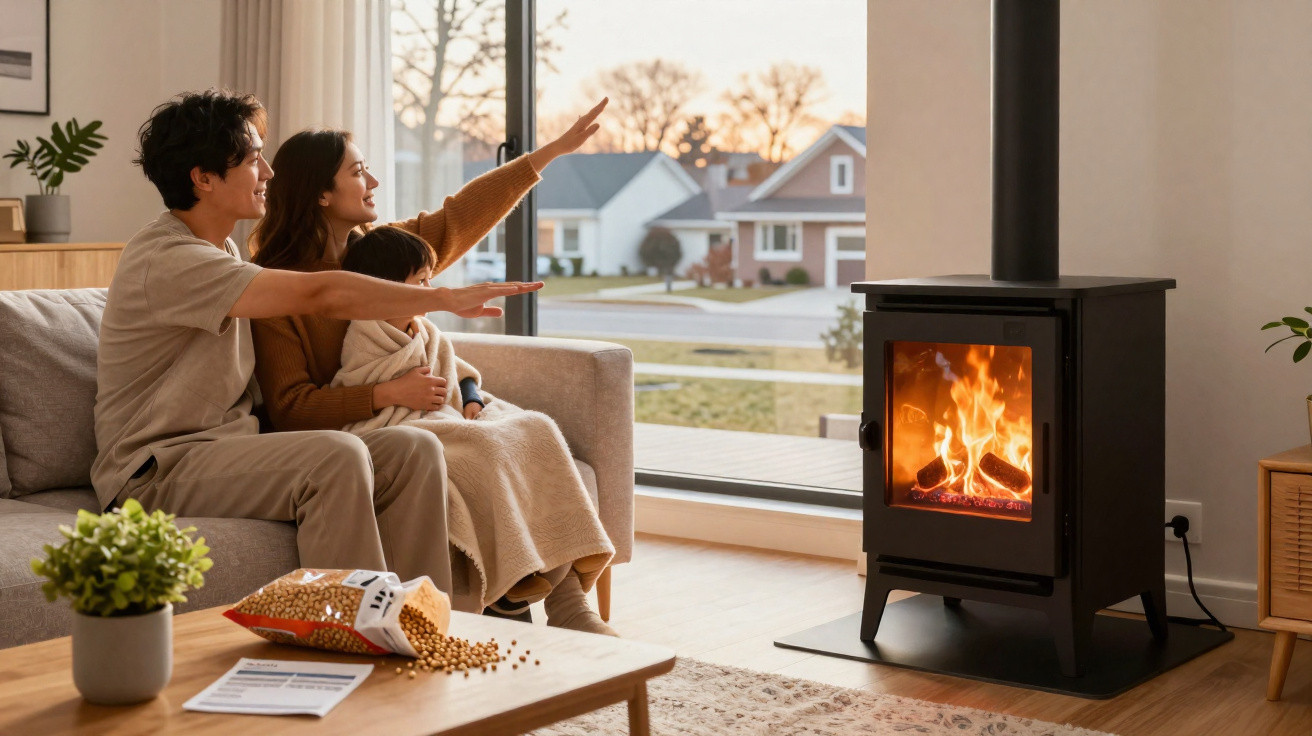 Family of three sitting on a sofa warming hands by a wood burning stove in a cosy living room at sunset.