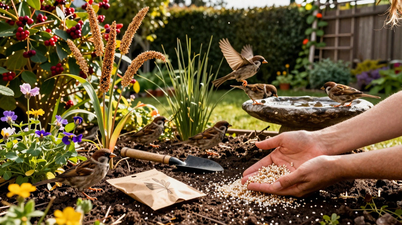 Hands scattering birdseed in a garden bed with sparrows, flowers, and a birdbath in sunlight.