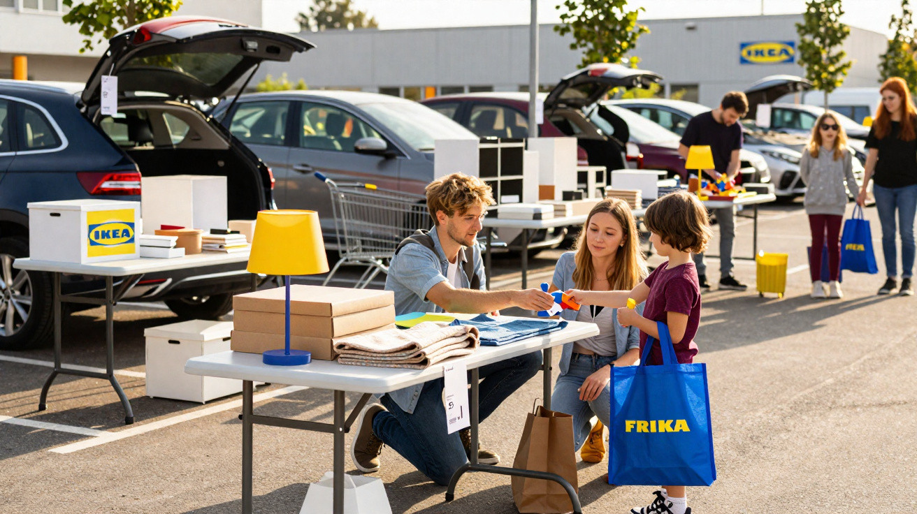 People arranging IKEA products on tables in a parking lot with cars and IKEA store in the background.