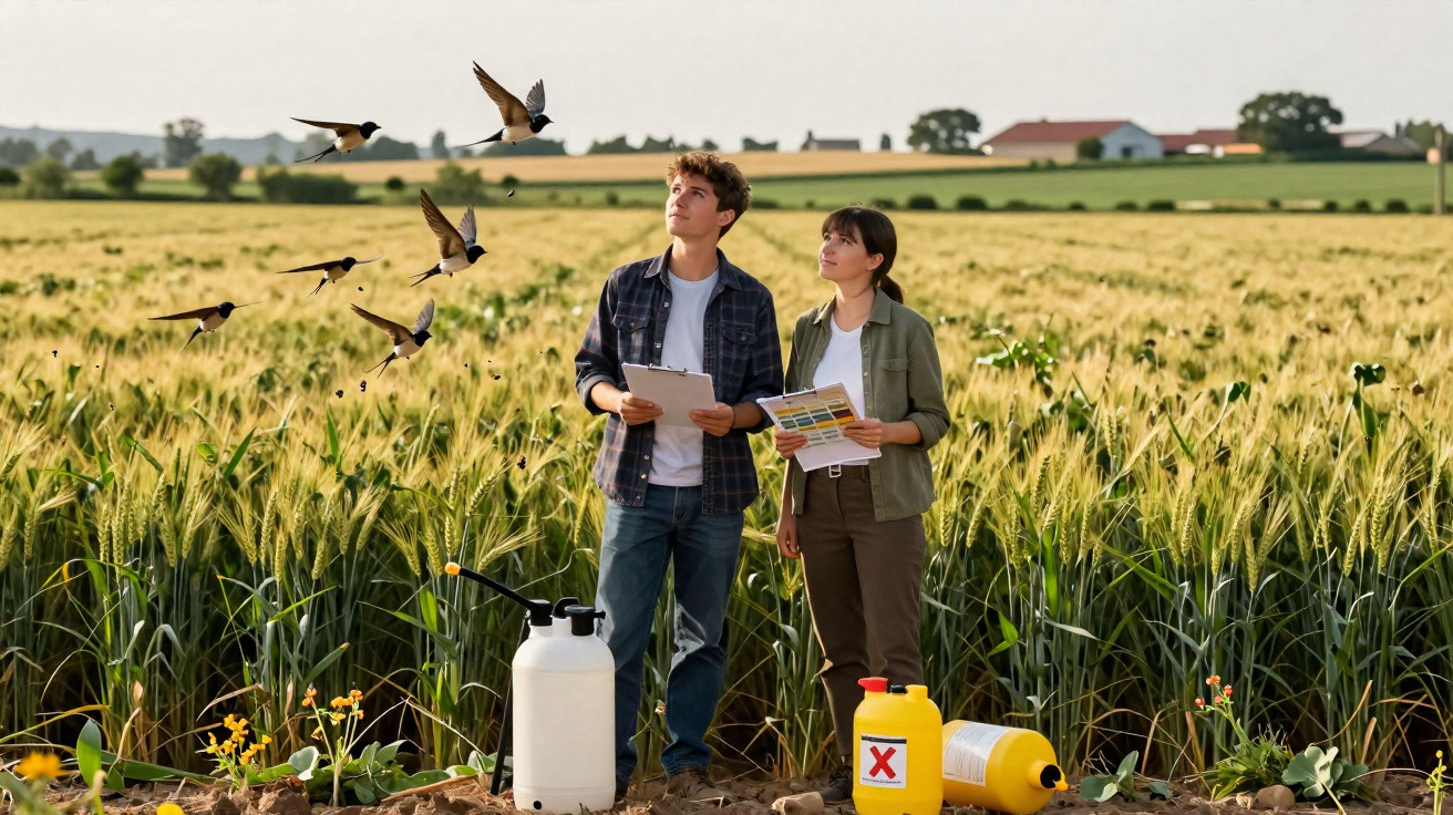 Two agricultural scientists observing birds and wheat in a field with pesticide containers nearby.