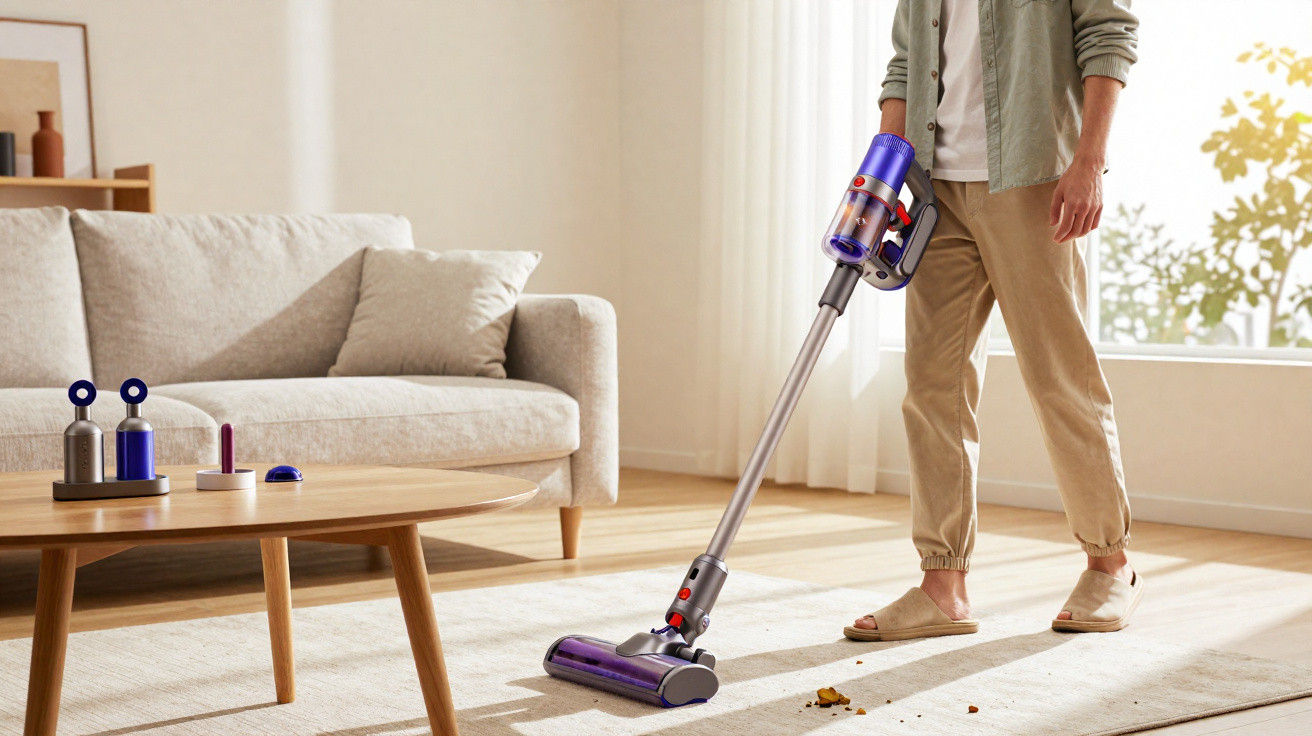 Person vacuuming a beige carpet in a bright living room with a grey sofa and wooden coffee table.