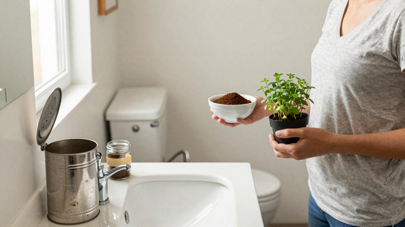 Person holding a small potted plant and a bowl of soil over a bathroom sink with a compost bin nearby.